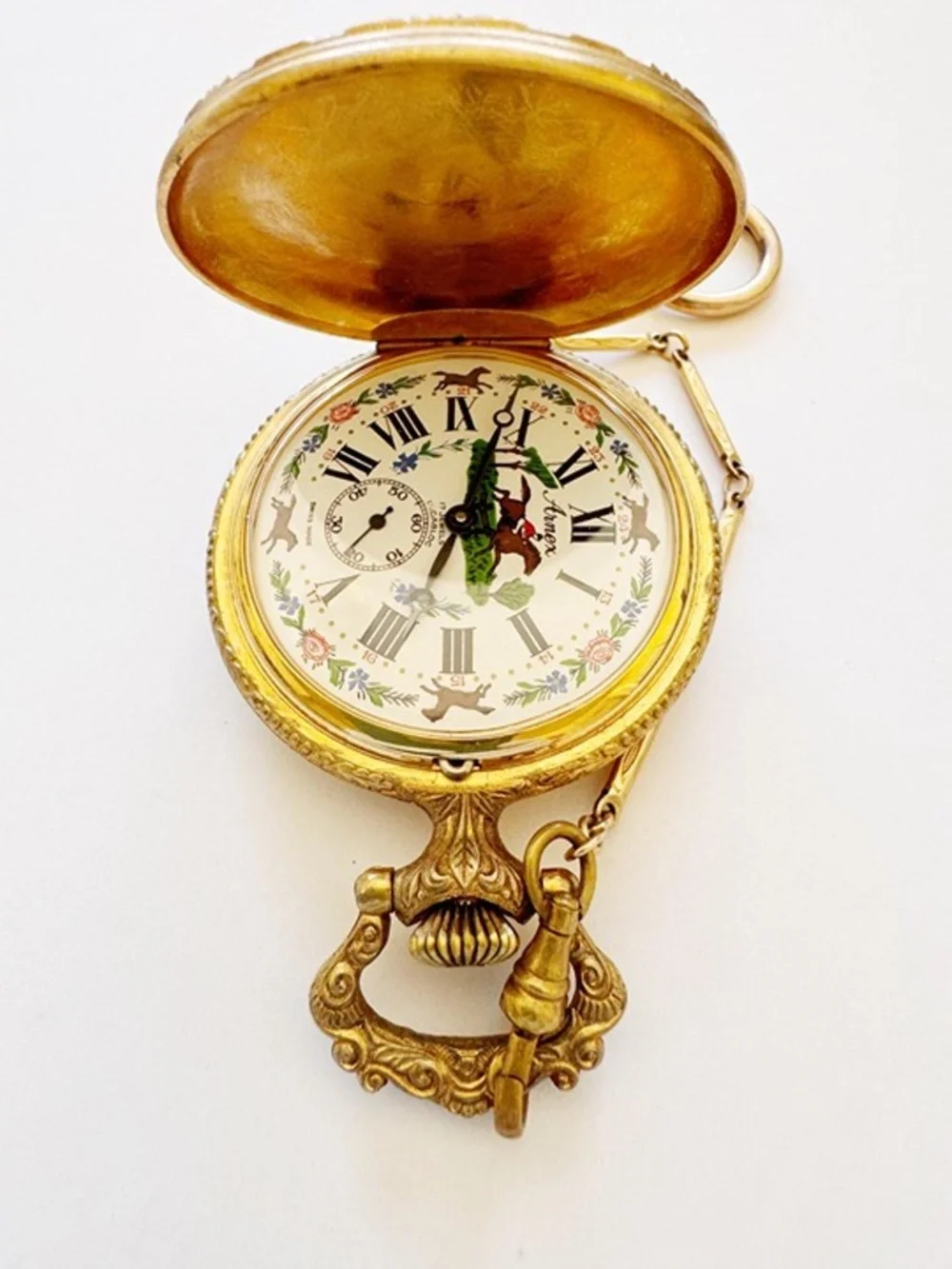 Vintage Arnex Swiss Pocket Watch Horse Racing Dial 17 Jewels 1/20 12K GF Chain